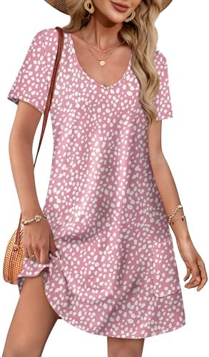 Casual Dresses for Women Flowy Loose V Neck Short Sleeve Tshirt in Floral 11