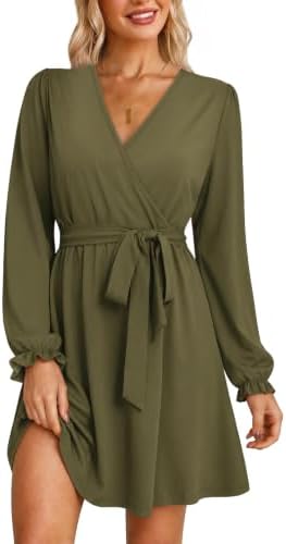 Casual Dresses for Women Long Sleeve V Neck Wrap Fall Dress in A-green
