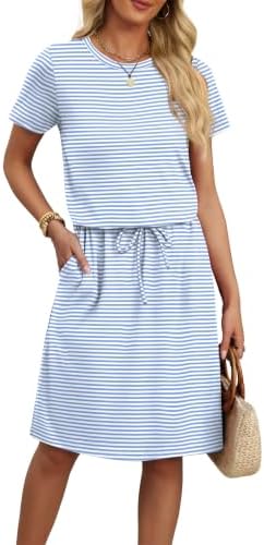 Casual Dresses for Women with Pockets Summer Outfits Wedding in Blue Striped