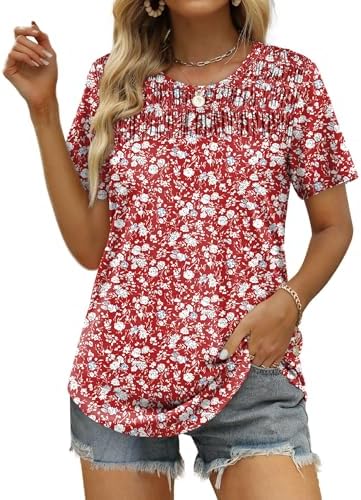 Casual Shirts for Women Cute Summer Short Sleeve Tops Comfy in Z-floral Red