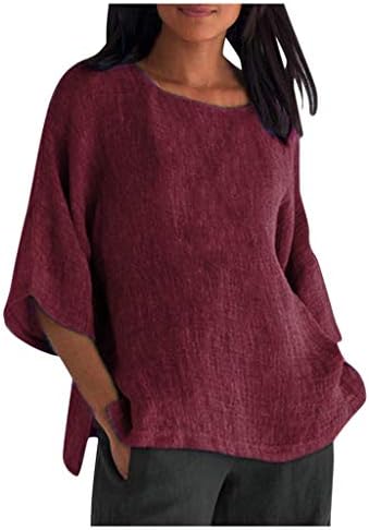 Ceboyel Cotton Linen Tops for Women 3/4 Sleeve Crewneck Tunic