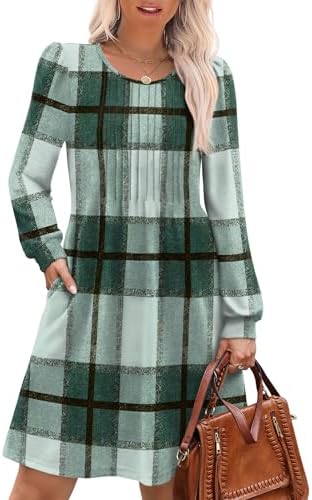 Christmas Dresses for Women Long Sleeve Sweater Dress Winter in Green Plaid