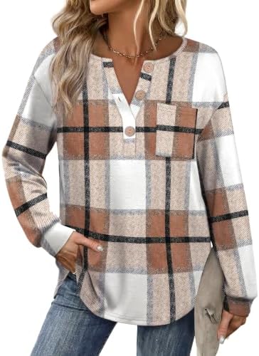 Christmas Shirts for Women Plaid Henley Shirts with Button Long