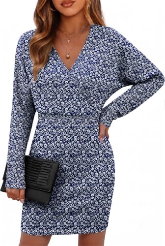 Cocktail Dresses for Women Bodycon Holiday Long Sleeve Sweater in Blue Floral