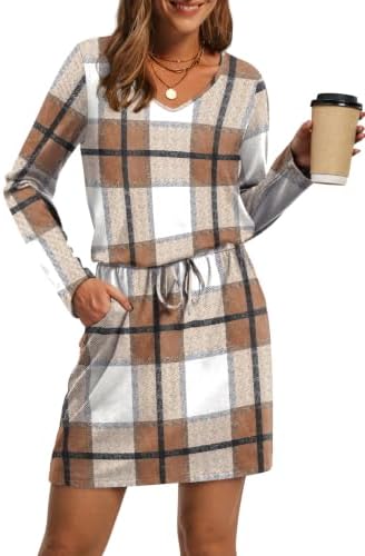 Cocktail Dresses for Women Loose V Neck Tie Front A-Line in Beige Plaid