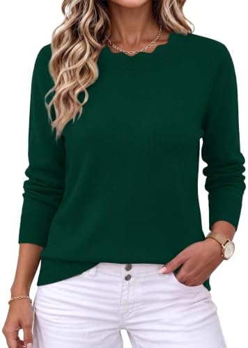Cozy Sweaters for Women Crew Neck Long Sleeve Tops Fall Tops in Solid Dark Green