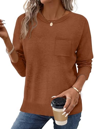 Crew Neck Tunic Sweaters for Women Fall 2025 Long Sleeve in Caramel