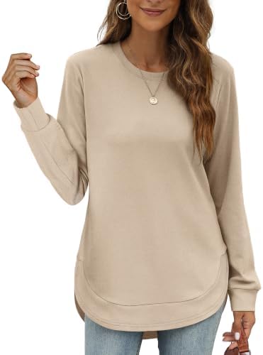 Crewneck Sweatshirts For Women Curved Hem Womens Sweaters Fall in C-khaki