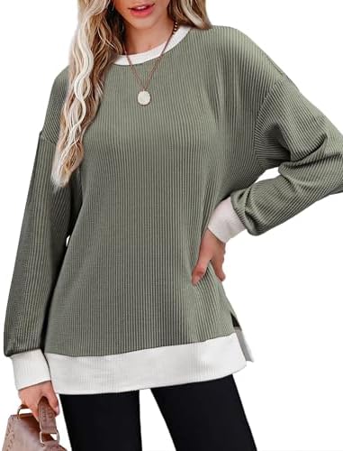 Crewneck Sweatshirts for Women Knitted Ribbed Round Neck