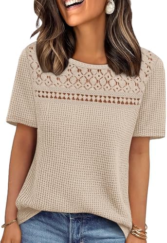 Crochet Tops for Women Boho Short Sleeve Shirts Dressy Casual in 0-apricot