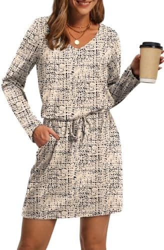 Dresses for Women 2025 Winter Loose V Neck Tie Front A-Line in Black Printing
