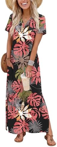 Dresses for Women 2026 Seniors Maxi Dress with Pockets Hawaiian in Pink Leaf