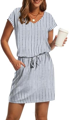 Dresses for Women Loose V Neck Tie Front A-Line T Shirt Casual in Blue Vertical Stripes
