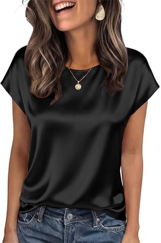 Dressy Tops for Women Short Sleeve Loose Fit Crew Neck Shirts in Black