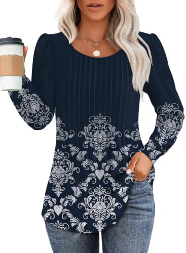 Early Fall Fashion Must Haves 2026 Boho Tops for Women Long in 2-floral Navy