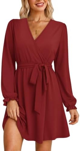 Fall Dresses for Women 2026 Casual Wrap V Neck Dress Trendy Red in A-red