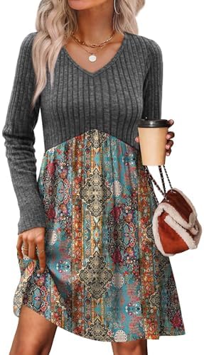 Fall Dresses for Women 2026 Cowboy Chic Outfits for Women in T-greyblue Orange Floral