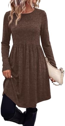 Fall Dresses for Women 2026 Crew Neck Long Sleeve Casual Winter in Brown