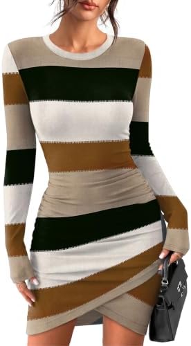 Fall Dresses for Women 2026 Long Sleeve Bodycon Mini Striped L in Beige Black Stripes