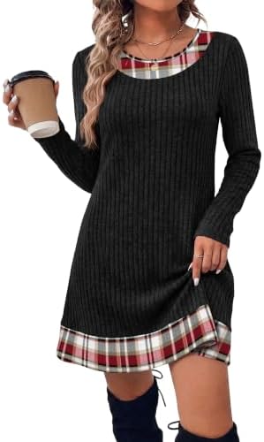 Fall Dresses for Women 2026 Trendy Long Sleeve Dress Soft Black in Black Red Plaid