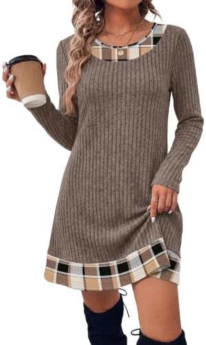 Fall Dresses for Women 2026 Trendy Long Sleeve Dress Stretchy in Brown Plaid