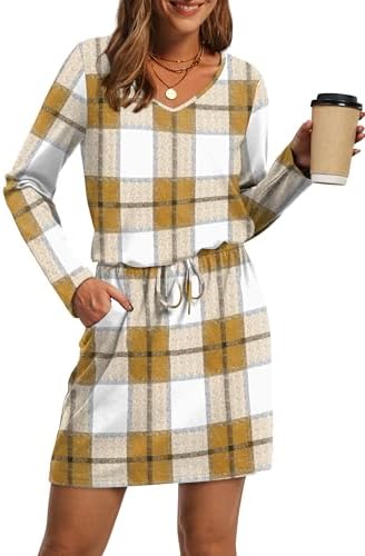 Fall Dresses for Women Rompers for Women Loose V Neck Long in Yellow Grid