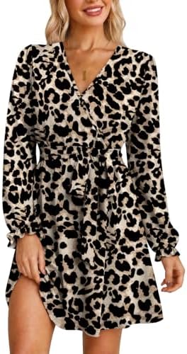 Fall Fashion Dresses V Neck Trendy Wrap Dress with Belt Leopard in F-leopard