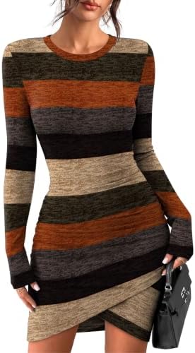 Fall Long Sleeve Dress for Women Bodycon Mini Brown Striped M in Brown Black Stripes