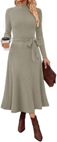 Fall Midi Dresses Long Sleeve Dress for Women Mock Neck Sweater in Khaki