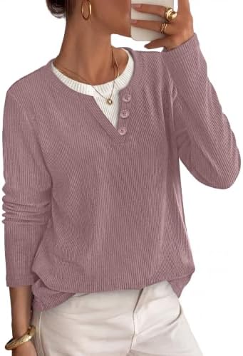 Fall Outfits for Women 2026 Long Sleeve Shirts Henley Neck in Mauve