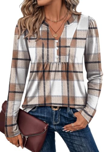 Fall Outfits for Women Fall Clothes V Neck Long Sleeve Tunic in Brown Plaid