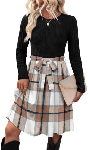 Fall Outfits for Women Long Sleeve Tie Waist Dresses Crew Neck M in Checkered Print