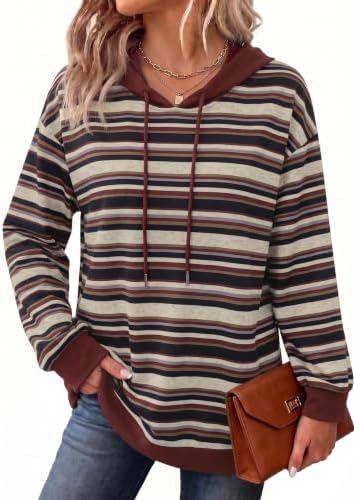 Fall Outfits for Women Long Sleeve Tops Winter Fashion Hoodies in Stripes Maroon Grey