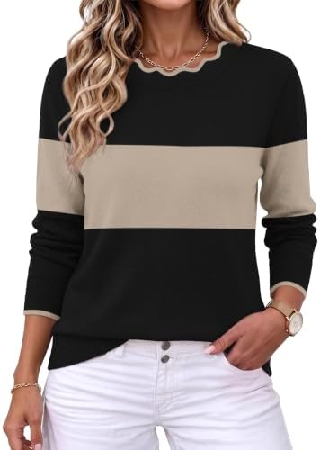 Fall Sweaters Cozy Sweaters Long Sleeve Tops Color Block in Black/Beige
