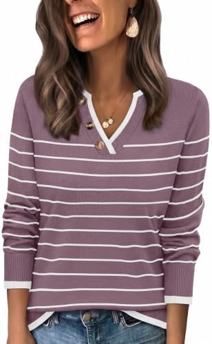 Fall Sweaters for Women 2026 Cozy Cashmere Clothes Outfits in Striped Grey Purple