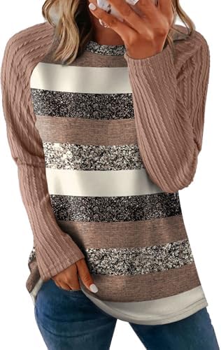 Fall Sweaters for Women Boho Long Sleeve Shirts Oversized in Z-brown Stripes