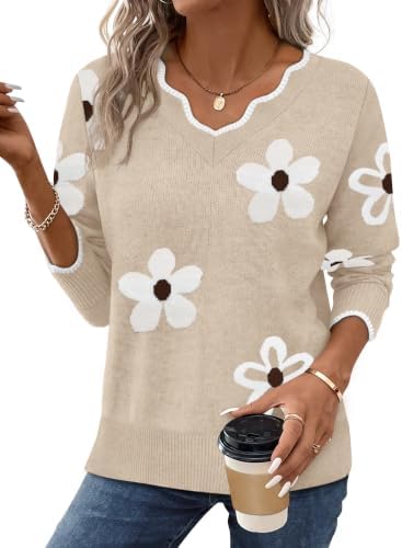 Fall Sweaters for Women V Neck Sweaters Fashion Clothing Winter in Flower