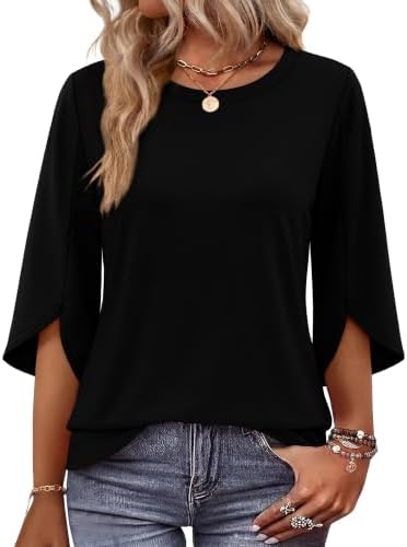 Fall Tops 3/4 Length Sleeve Womens Tops Dressy Casual Blouses in Black