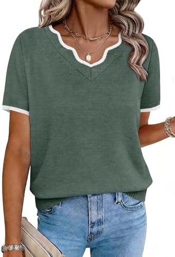 Fall Tops for Women Short Sleeve Sweater V Neck Fall Sweaters in Green
