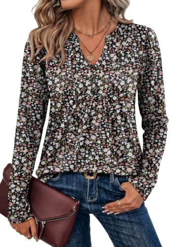 Fall Tops for Women Work Blouses Dressy Casual Fall Outfits in Black Floral