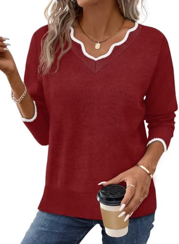 Fall Tops Womens Sweaters V Neck Pullover Cozy Sweaters for in Dark Red