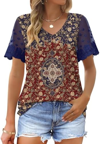 Fashion Clothing Womens Tops Dressy Casual Blouses Lace Short in 06-print Boho Red