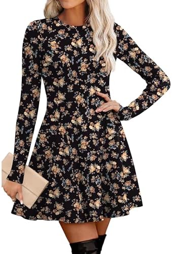 Floral Dresses for Women Black Long Sleeve Dress Fit and Flare in Print 1