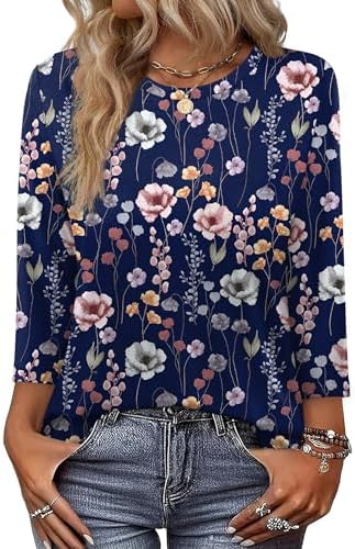 Floral Tops For Women Long Sleeve Shirts Boho Tops Travel in C-navy Floral