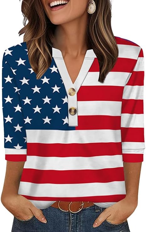 Fourth of July Outfit Women 3/4 Length Sleeve Summer Tops for in Z-flag