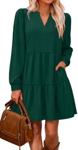 Green Dress Women V Neck Long Sleeve Casual Tiered Dresses with in Green