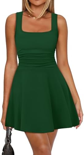 Green Mini Dress Women Summer Square Neck Dress Vacation in Green