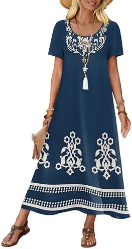 Hawaiian Dresses for Women Short Sleeve Summer Linen Maxi Dress