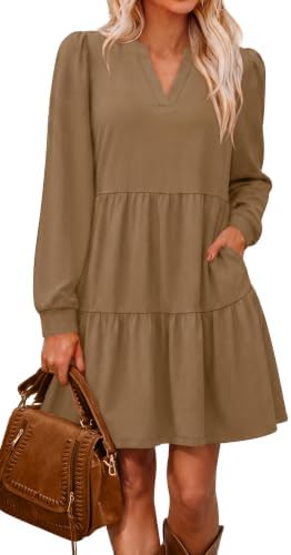 Khaki Dresses for Women V Neck Long Sleeve Tiered Fall Dresses