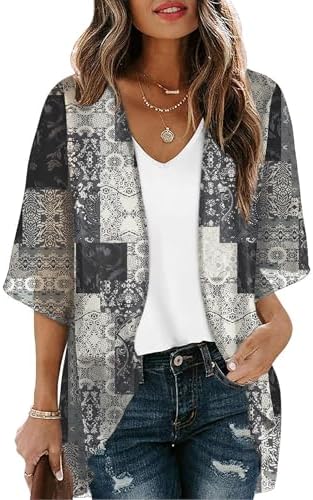 Kimono Cardigans for Women 3/4 Length Sleeve Womens Tops in Black Print